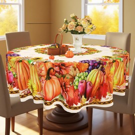 MATIRUG Fall Thanksgiving Tablecloth 60" Round Inches Rectangular, Pumpkin Harvest Water Resistant Non Slip Table Cloths, Vintage Fabric Table Cover for Autumn Dinner Banquet Party
