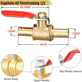 Pack of 2 Brass Ball Valve Hose Shut-off Valve, 12 mm Hose Nozzle to 12 mm Hose Nozzle, Water Stopcock with Handle Red for Water Pipes/Tap