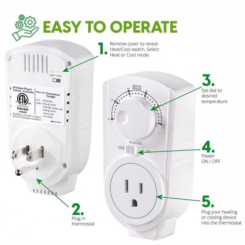 EconoHome Adjustable Thermostat - Universal Plugin Heating & Cooling Thermostat