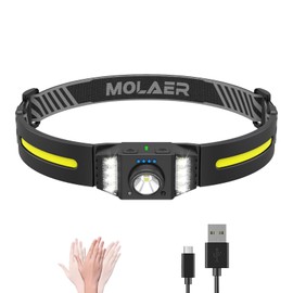 MOLAER Headlamp Rechargeable, 270° Wide Beam Bright LED Head Lamp with Motion Sensor for Adults, Lightweight, Weatherproof, White Red Light Source Headlight Flashlight for Outdoor Camping Running