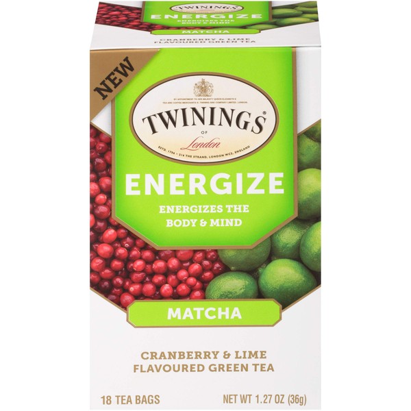 Twinings of London Daily Wellness Tea, Energize Body & Mind Matcha, Cranberry & Lime, Flavored Green Tea, 18 Count (Pack of 6)