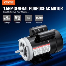 VEVOR 1.5HP Electric Motor 3450 RPM, AC 115V/230V, 56 Frame, Air Compressor Motor Single Phase, 5/8" Keyed Shaft, CW/CCW Rotation for Agricultural Machinery and General Equipment