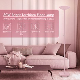30W Pink Torchiere Floor Lamp, 3600LM Super Bright LED Pole Lamp, 71Inch Tall Stepless Dimmable Torch Lamp, 1Inch Thick Metal Tube, Rotary Switch, Modern Standing Lamp for Living Room/Bedroom/Office
