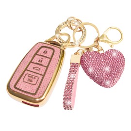 Simocky Key Fob Cover with Diamond Keychain for Toyota Car Key Shell Compatible with 2018-2024 Highlander RAV4 Camry Avalon C-HR Corolla GT86 Full Cover Protector for Women (4 Buttons-Pink Heart)