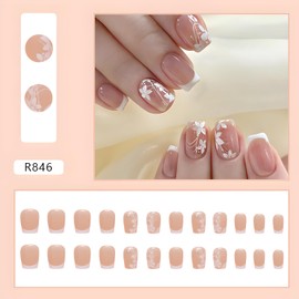 Square Press on Nails Short French Tip Fake Nails Flower Nails Press ons Spring Summer False Nails Acrylic Nails Glossy Glue on Nails for Women 24 Pcs