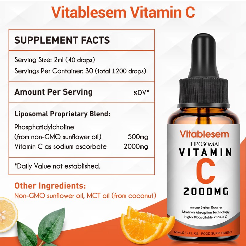 Liquid Liposomal Vitamin C 2000mg Supplement, High dose Ascorbic Acid,