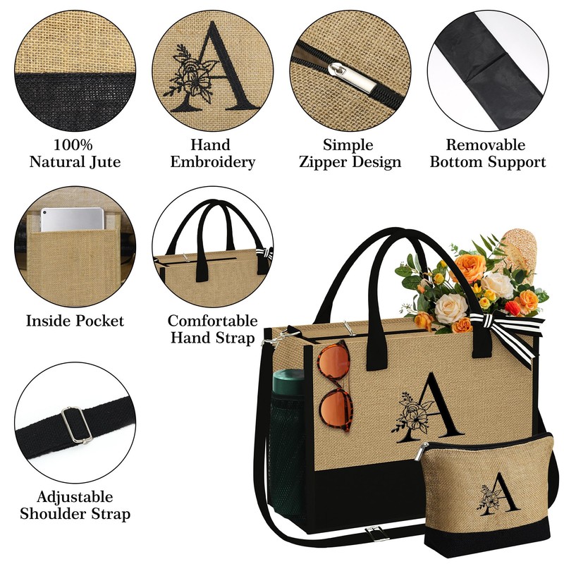 YOOLIFE Valentines Day Gifts for Her, Initial Jute Tote Bag