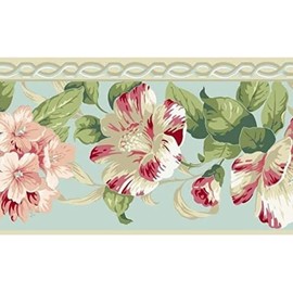 Concord Wallcoverings Wallpaper Border Floral Pattern Flowers Leaves , Cream Brown Green Pink Red Blue White, 7 Inches by 15 Feet BA4627B