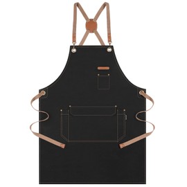 Genixart Chef Apron for Men Women - Cross Back Kitchen Aprons with Pockets for Cooking Baking - Cotton Canvas Work Apron for Restaurant Garden (BLACK)