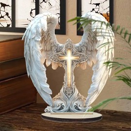 Angel Wing Design Cross Decoration, 1 Count Bohemian Style Wooden Cross Ornament, Decoration for Home Office,Desktop, Room Decor, Religious