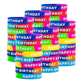 ARTLYMERS 48Pcs Happy Birthday Rubber Bracelets, Colored Silicone Stretch Wristbands for Birthday Party Supplies Favors 8 Styles