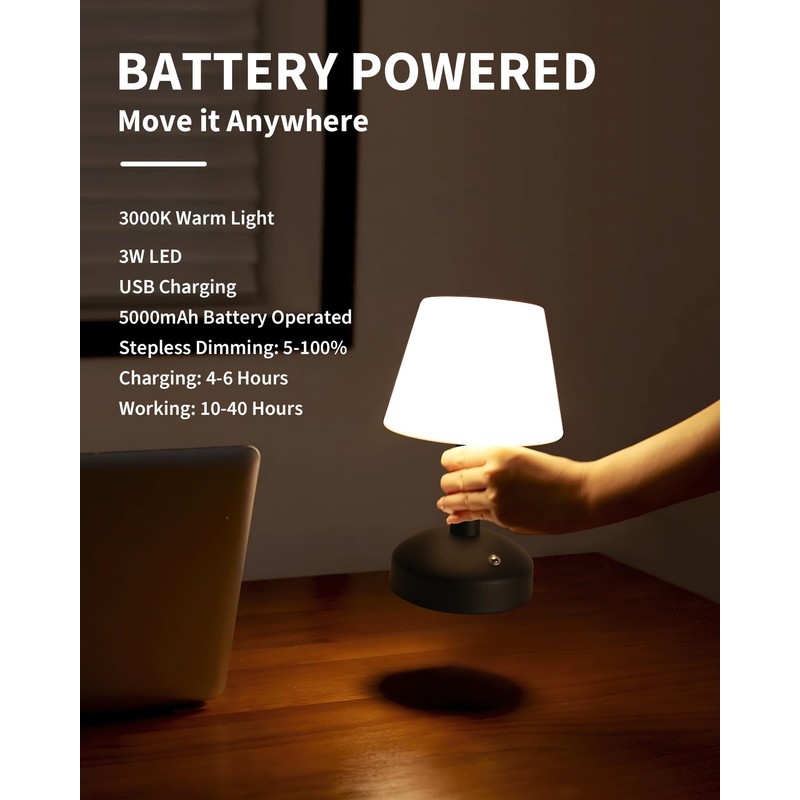 KDG Modern Cordless Small Table Lamps, Portable LED Dimmable Desk