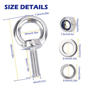 hannger® Eye Bolts with Nuts, M8 10Pcs EyeBolts Stainless Steel Machinery Shoulder Lifting Ring Eye Bolt Heavy Duty Screws Bolt with Lock Nuts & Lock Washers, Flat Washers - Thread Length 30mm