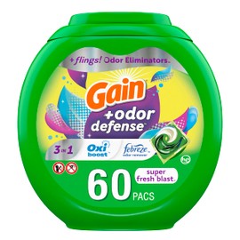 Gain Flings Laundry Detergent Pacs with Odor Defense 60 Ct Super Fresh HE 3in1 Detergent Pacs with Febreze and Oxi