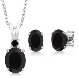 Gem Stone King 925 Sterling Silver Oval Black Onyx and Black Diamond Pendant and Earrings Jewelry Set For Women (2.52 Cttw, Gemstone Birthstone, with 18 Inch Chain)