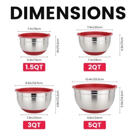 MARSKITOP Stainless Steel Mixing Bowls with Lids Set, 4 Piece Nesting Mixing Bowls with Airtight Lids, Measurement Marks and Red Non-Slip Bottoms, Great for Mixing and Serving, 1.5QT, 2QT, 3QT, 5QT