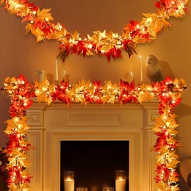 9FT Fall Decorations for Home Large Leaves Fall Garland with Lights Plug in 50 Bulbs Connectable Thanksgiving Garland String Lights for Outdoor Indoor Harvest Fireplace Fall Decor（2 Packs）