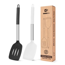 Pack of 2 Silicone Solid Turner, Non Stick Slotted Kitchen Spatulas, High Heat Resistant BPA Free Cooking Utensils, Ideal Cookware for Fish, Eggs, Pancakes(Black-White)