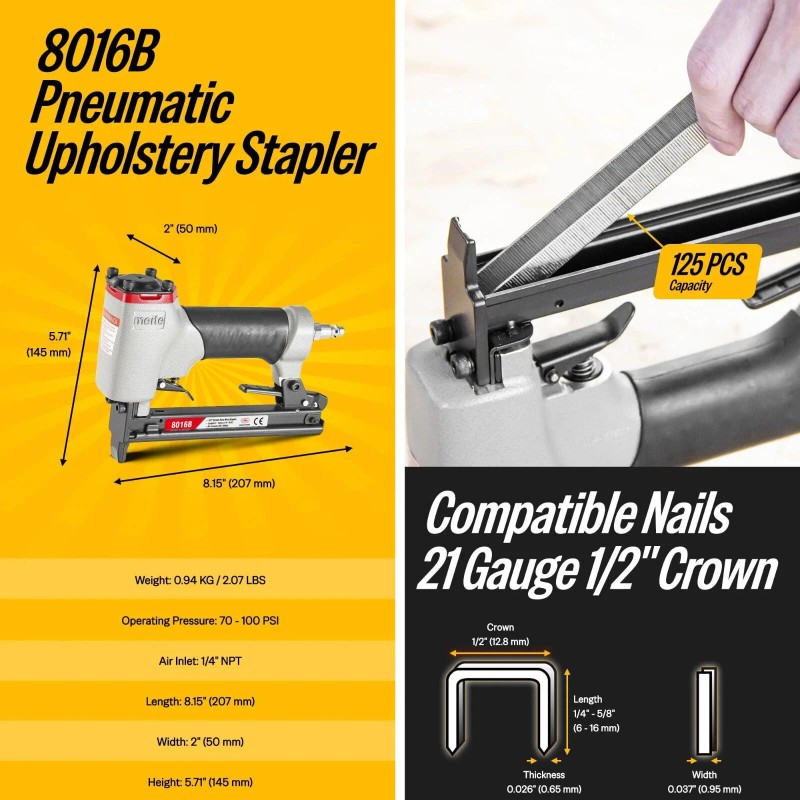 meite 21GA Upholstery Stapler 1/2" Crown 1/4" to 5/8"Pneumatic Fine
