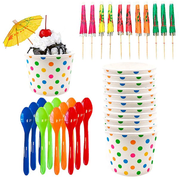 Ice Cream Sundae Kit - 12 Ounce Polka Dot Paper Treat Cups - Heavyweight Plastic Spoons - Paper Umbrellas - 12 Each Pink Orange Yellow Green Blue