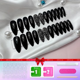 Gufonkod False Nails with Designs Stiletto Press on Nails Long Acrylic Rhinestones Press on Stiletto Nails Glue on Nails for Women Fake Nails Stick on Nails Full Cover Gloss Artificial Nails 24PCS