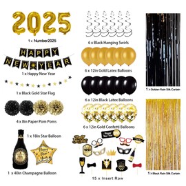New Year's Eve Decoration 2025 XXL Set, Happy New Year Deco Set, 2025 New Year Balloons, Garland, Curtain, Black and Gold, Photo Props