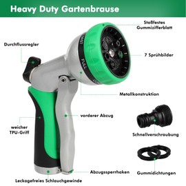 RESTMO Gartenbrause, Metall Hochdruck Garten Handbrause, 7 -Funktionen Spritzdüse und Einstellbarer Wasserdurchfluss Garten Spritzpistolen Bewässerungspistole für Garten Bewässerung, Autowaschen, Grün