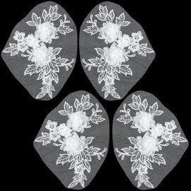 CABODYALS 4Pcs 3D White Flower Lace Applique Polyester Floral Embroidery Appliques Vintage Embroidered Soild Sew on Tulle Patches for Sewing Making Crafts Dress Wedding Party Bags Supply