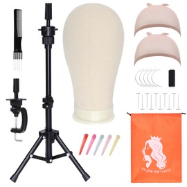 PWEOUKE 23 Inch Wig Stand Tripod with Head Set for Styling Wigs,Canvas Wig Head with Foldable Mannequin Head Tripod for Wigs,Wig Head Stand Tripod with Canvas Block Head for Cosmetology 23 Inch