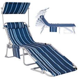 #WEJOY 3 in 1 Sun Tanning Chair with 360°Canopy Sun Shade,Face Arm Hole, Heavy Duty Folding Chaise Lounge Chairs, 5-Position Outdoor Lounge Chair/Pillow, for Beach, Pool, Lawn, Yard, Patio Blue White