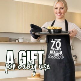 InnoBeta 70th Birthday Gifts for Women Apron Set of 3, 70th Birthday Gifts Apron Set with A Heat Resistant Kitchen Glove and A Pot Holder, Unique 70th Birthday Gifts Kitchen Apron Set for Birthday