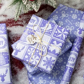 MAYPLUSS Christmas Wrapping Paper Roll, Light Purple Wrapping Paper, Girly Bell, Tree, Candy Canes Christmas Themed Wrapping Paper for Girl Holiday Gift Packaging (17 Inch X 16.5 Feet)