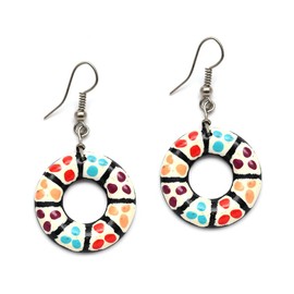Hand painted colourful spotty donut coconut shell hoop drop earrings