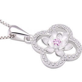 ALOV Jewelry Sterling Silver Four Leaf Clover Cubic Zirconia Pendant Necklace (Pink)