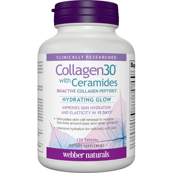 Webber Naturals Collagen30 with Ceramides, Bioactive Collagen Peptides, 120 Tablets, Hydrating Glow, Helps Improve Skin Hydration, Elasticity & Smoothness, Non GMO, Dairy & Gluten Free