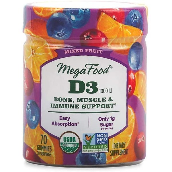 MegaFood, Certified Organic D3 Wellness Gummies, Soft Chew 1000 IU Vitamin D Supplement for Bone, Muscle and Immune Support, Gluten Free, Vegetarian, 70 Gummies