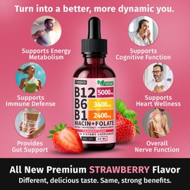 (4 Pack) Vitamin B12 and B6 Liquid Drops, B12 Sublingual Vitamin B Complex - B 12 Vitamin 5000mcg - B12 Methylcobalamin for Energy, Brain, and Heart Support with 27,200 mcg, Strawberry, 80 Servings