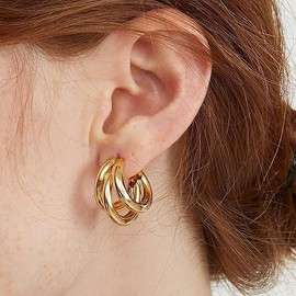 Chunky Hoop Earrings for Women, 18K Gold Plated Post Triple Open Hoops, Diameter 15 MM