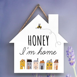 Global Designs Honey I'M Home Bee Themed Decorative Wooden House Shaped Hanging Plaque