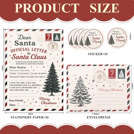 Marspark 60 Pcs Letters to Santa Kit Includes 20 Sets Christmas Cards Letters Paper(5 x 7 in), Envelopes(7.8 x 5.9 in) and Stickers, Santa Stationery for Christmas Wish List Xmas Party Favor(Classic)