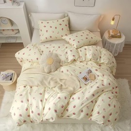 Tabeskly Kids Girls Bedding Set Single, Yellow Strawberry Cute Soft Zipper Childrens Full Bed 3 Piece Cover Duvet Quilt Covers and Pillowcases - Small Mildly Cosy Budget Bedclothes 135×200cm