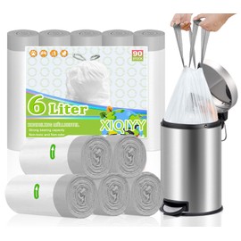 XIQIYY Small Bin Liners, 6 L Bin Bags with Drawstring, Pack of 90 Bin Liners, Carry Handle, White Waste Bags, Suitable for 5 L - 10 Litre Bin