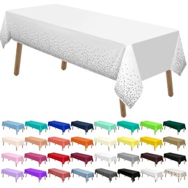 PARTY ULYJA Silver Polka Dots Confetti Plastic Tablecloths 2 Pack White Disposable Table Covers Bridal Shower 54 x 108 Inch Table Cloths for Picnic Birthday Wedding Parties 8 ft Rectangle Table