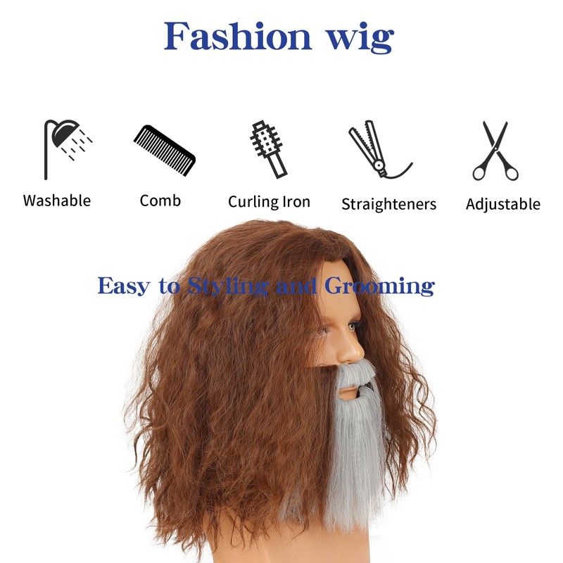 WeKen Men's Shoulder Length Brown Curly Wig with Beard Set