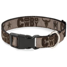 Buckle-Down Pet Collar, Dog Collar Plastic Buckle, Western Cowboy Icons Collage Tan Browns, 11 to 16.5 Inches 1.0 Inch Wide