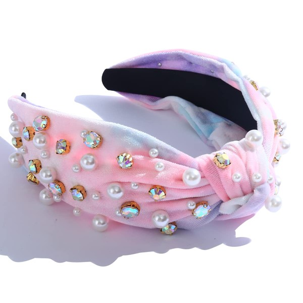 Knotted Headbands for Women Pearl Rhinestone Crystal Embellished Pink Green Velvet Fashion Elegant Ladies Hair Accessories