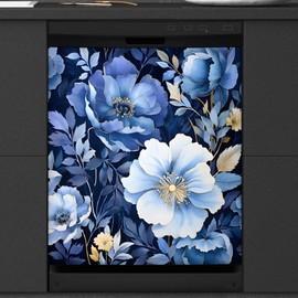 DJYQBFA Painting Blue Floral Plant Dishwasher Magnet Cover Decorative Refrigerator Covers Magnetic Reusable Dishwasher Door Cover Kitchen Appliance Sticker Cover 21x26Inch