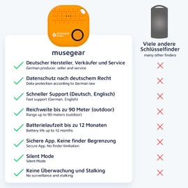 musegear Schlüsselfinder mit Bluetooth App aus Deutschland I Maximaler Datenschutz I orange 1er Pack I Für iOS & Android I Schlüssel Finden