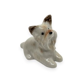 WitnyStore Tiny 1⅛ " Brown White Crouching Yorkshire Dog Figurine - Miniature Hand Made Painted Ceramic Dogs Puppy Canine Animal Cute Porcelain Decorative Collectible Figures Décor Gifts