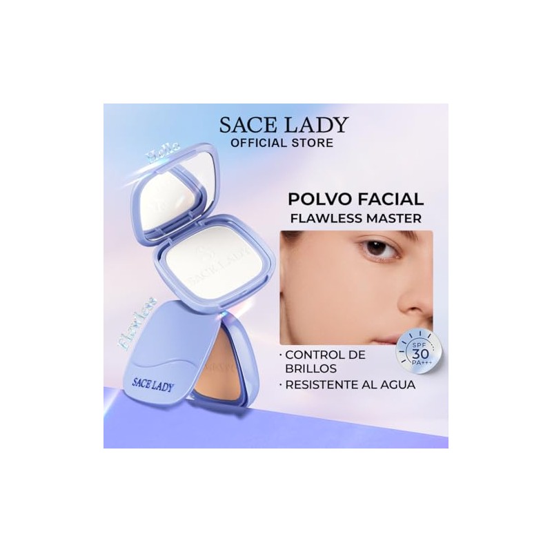SACE LADY Flawless Master Polvo Compacto Waterproof，Maquillaje en Polvo Traslúcido，Control